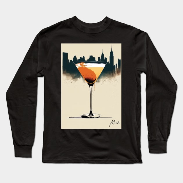 Sophisticated Sips: The Manhattan Cocktail in Stylized Sketch Long Sleeve T-Shirt by Focused Instability